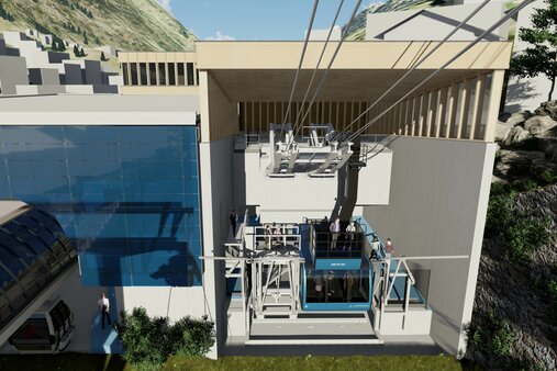 Talstation Pendelbahn Zermatt - Furi | © Zermatt Bergbahnen AG Gondel mit Leuten in der Talstation  | © Zermatt Bergbahnen AG