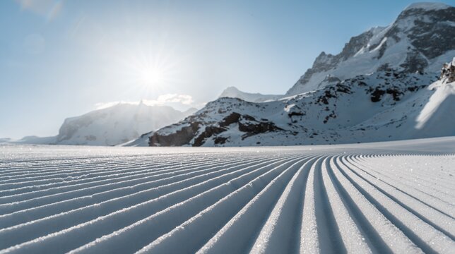Freshly prepared pistes sparkling in the morning sun in front of a mountain panorama | © Basic Home Production